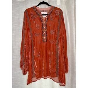 Johnny Was Biya Lyra Velvet Embroidered Tunic Celestial Burnt Orange Women's XL